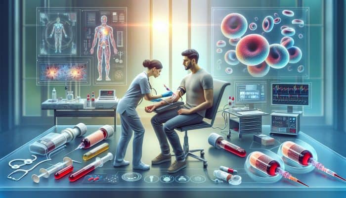 FBC Test in Horndean: A nurse in a modern Horndean clinic draws blood for an FBC test, surrounded by sterile equipment, digital monitors, and colorful blood cell images.