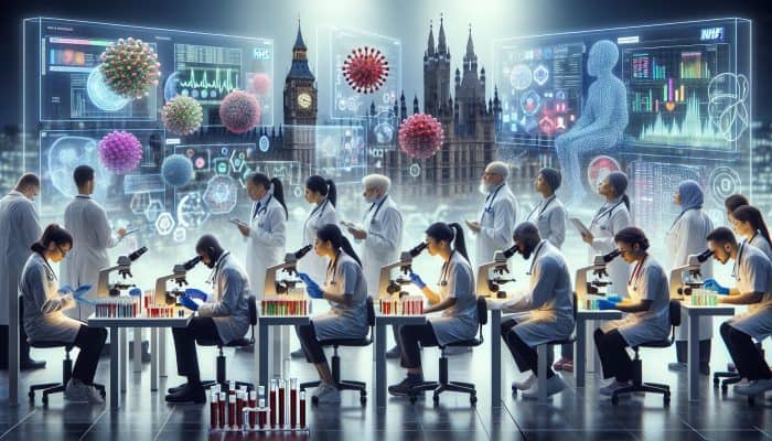 In a bustling London NHS lab, diverse professionals analyze blood samples under microscopes, with screens showing results for disease detection.