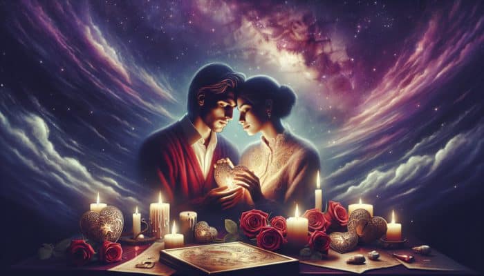 Mastering Anniversary Styles Romantic: A romantic couple embracing under a starry sky, surrounded by candles, red roses, and engraved hearts, symbolising enduring love and shared memories.