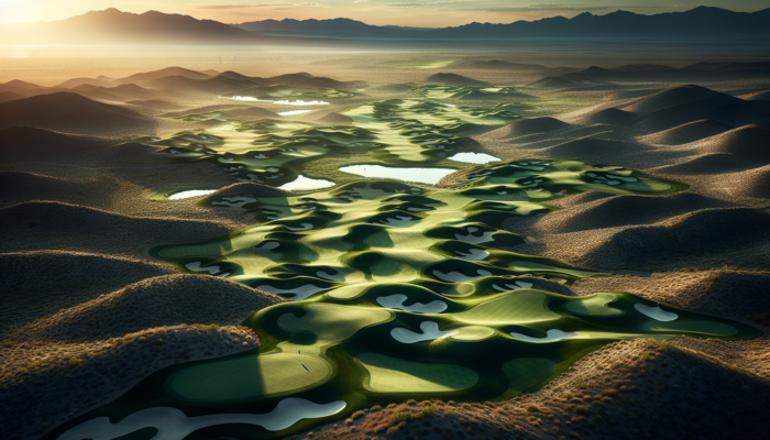 Best Golf Courses in Nevada: Nevada golf course at dawn: rolling fairways, dramatic elevations, bunkers, undulating greens, lush landscapes, water features, desert vistas.