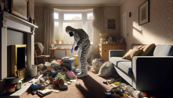 Spring Safety Trends for House Clearance: A person in robust gloves, face mask, and protective clothing sorts items in a sunlit UK living room.