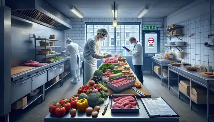 Food Handler Glove Changes for Hygiene Compliance: A food handler in a London café changes gloves near fresh ingredients and raw meat, observed by an FSA inspector.