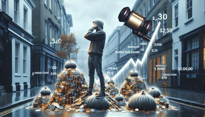 Stressed individual on a rainy London street, overwhelmed by debt documents, coins, a looming gavel, and rising interest graphs, symbolising UK debt consolidation challenges.