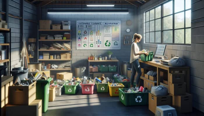 A person sorts items in a cluttered garage into colour-coded recycling bins, with solar panels and natural light, promoting sustainability.
