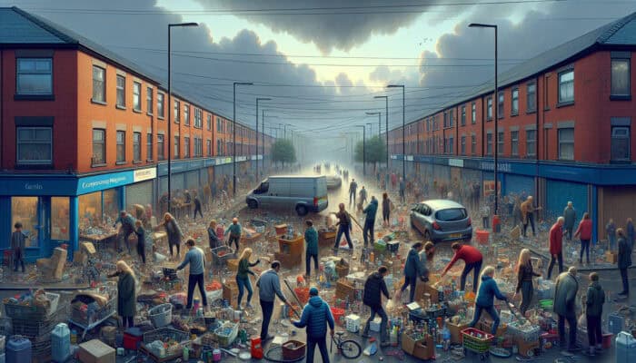 Residents sorting cluttered garage items on a busy Manchester street, consulting authorities and sharing resources under overcast skies.