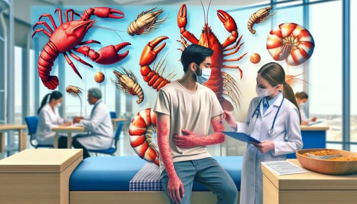 Illustration depicting a diverse patient with hives and stomach discomfort in a bustling NHS clinic, as a doctor reviews shellfish allergy tests beside educational posters of crabs and shrimp.
