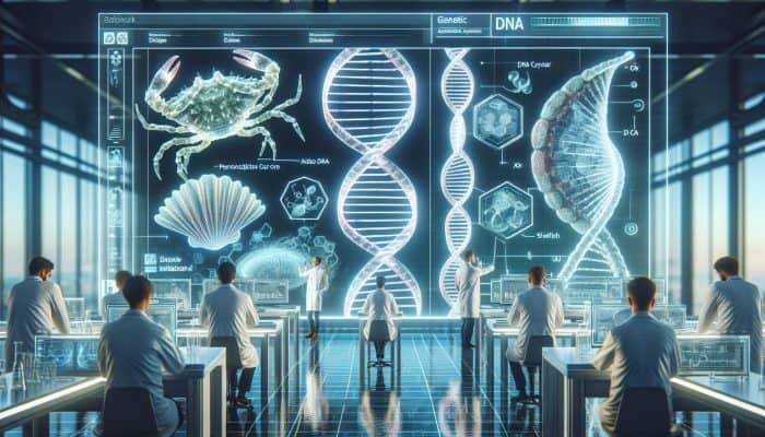 UK scientists in a modern lab examining DNA strands with shellfish holograms; a Tipton map highlights personalized intolerance care.