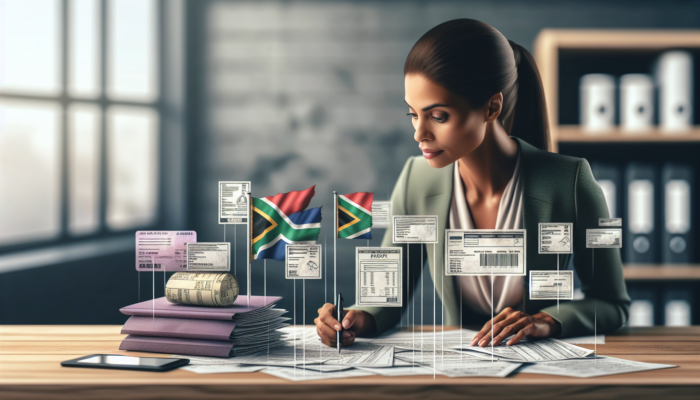 A focused loan officer in a Ladysmith bank reviews documents like payslips, tax returns, passports, and bank statements on a wooden desk with South African flags.