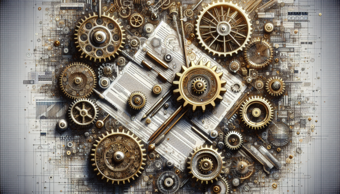 Illustration of interlocking brass gears with financial documents, approval stamps, and data streams in a modern office setting.