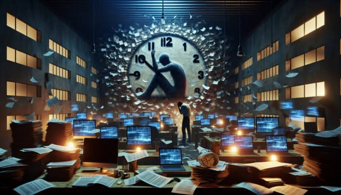 Weary individual submerged in chaotic workspace with overflowing paperwork, buzzing screens, and spinning clocks, symbolising burnout triggers.
