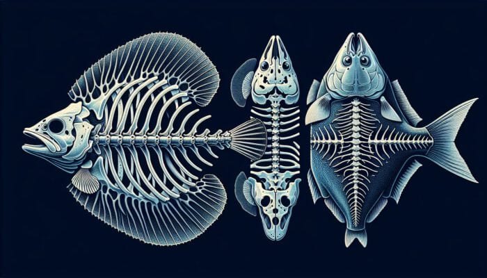 An anatomical illustration of fish skeletons: flounder's flattened spine and ribs contrasted with salmon's pronounced vertebrae.