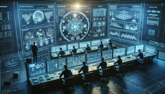 Engineers in a high-tech control room monitor holographic network edge displays, surrounded by safety protocols, training simulations, and emergency tools, symbolizing vigilance and reliability.