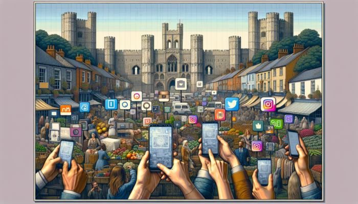 Vibrant Instagram marketing launch in Devizes: marketers with smartphones displaying viral posts amid historic castle ruins and bustling markets.