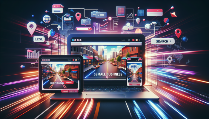 Illustration of a Taunton website redesign showing responsive layouts on devices, with SEO icons, maps, and bustling streets symbolising increased engagement.