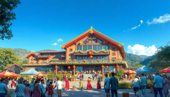 A vibrant resort surrounded by lush greenery, showcasing guests enjoying a lively outdoor festival with traditional music, dance, local cuisine, and seasonal sports activities like beach volleyball and hiking under a clear blue sky.