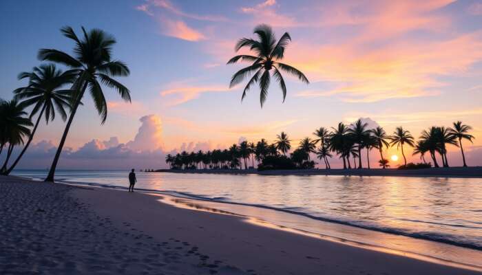 A tranquil Belize beach at sunset with palm trees and a traveler enjoying the peaceful atmosphere, symbolizing safety for visitors.