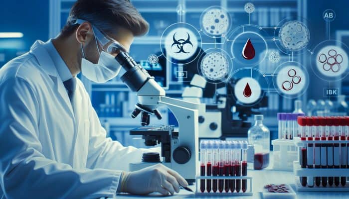 Blood Grouping Test In Wisbech: A scientist in a white coat examines blood samples under a microscope in a Wisbech lab, surrounded by charts of A, B, AB, and O types.
