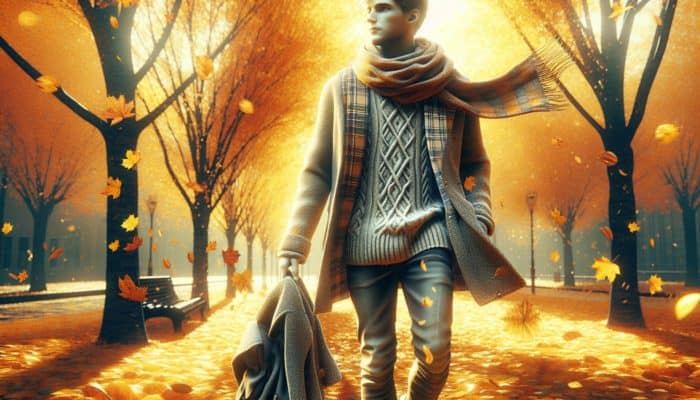 Refining Autumn Layered Warmth: A person strolls through an autumn park in a wool sweater, lightweight jacket, plaid scarf, and slim jeans, amid golden leaves.