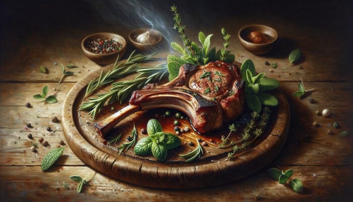 How to Cook a Perfect Rack of Lamb: A roasted lamb chop on a rustic wooden platter, garnished with fresh rosemary, thyme, and mint sprigs, with steam rising.