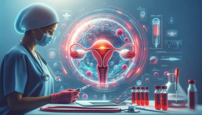 Can a Blood Test Detect an Ectopic Pregnancy: Detailed medical illustration of ectopic pregnancy: fertilized egg in fallopian tube, NHS hCG test vials, doctor in scrubs under urgent red lighting.