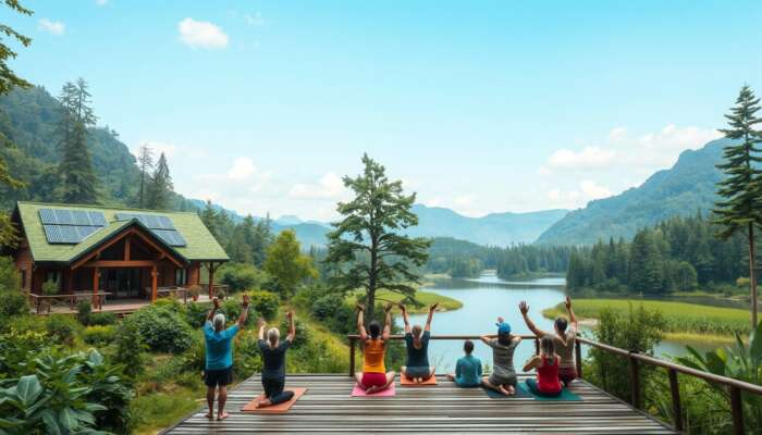 Eco-lodge in a lush forest with solar panels, surrounded by local flora, featuring travelers practicing yoga on a deck by a tranquil lake, highlighting community and sustainability.