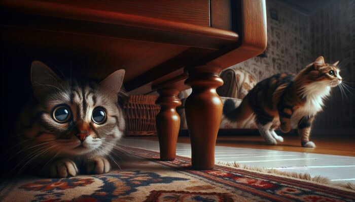 Two stressed rescue cats: one hiding under a table with wide eyes and flattened ears, another pacing on a rug with a twitching tail in a dimly lit room.