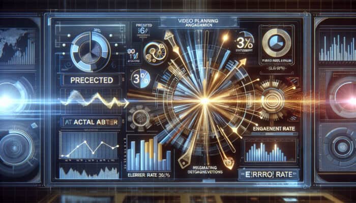 A high-tech dashboard showing bar graphs of 30% predicted versus 20% actual engagement, with glowing error indicators, video icons, and data streams.