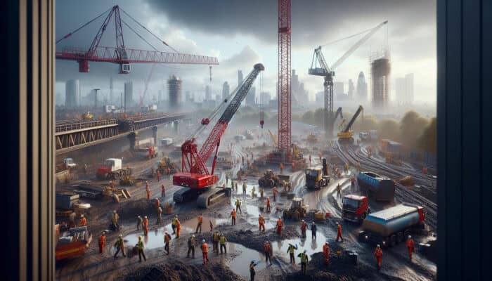 Bustling UK construction site at dawn: red mobile crane lifting loads, tall steel tower crane, crawler on muddy ground, workers in hi-vis under cloudy sky.