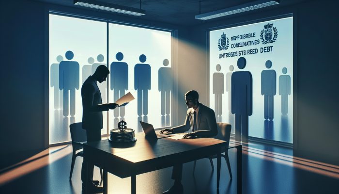 How to Spot Unsafe Debt Management Companies: Signs to Watch | DCL A trusted advisor from StepChange Debt Charity, wearing an FCA badge, helps clients with debt charts in a bright office, while shadowy figures lurk outside symbolizing financial risks.