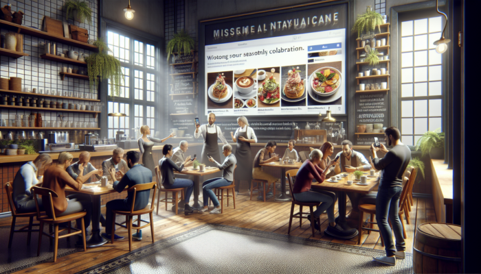 Barista in Great Torrington café shares seasonal dishes on Instagram via smartphone, as locals chat and scroll feeds, fostering community.