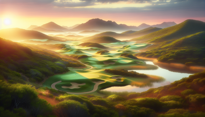 A South African golf course at dawn with lush fairways, rolling hills, sand bunkers, water hazards, and elevation changes.