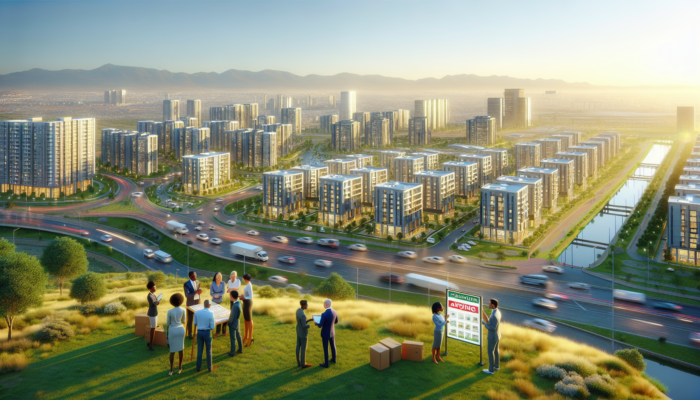 Aerial view of Kempton Park, South Africa, showing modern affordable housing, urban development, families near transport hubs and green amenities under a sunny sky.