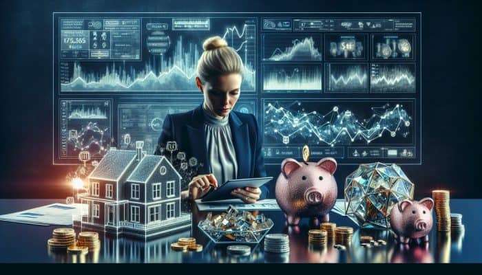 A diligent UK lender reviews financial documents in a modern office, surrounded by house models, piggy banks, jewellery, and market graphs.
