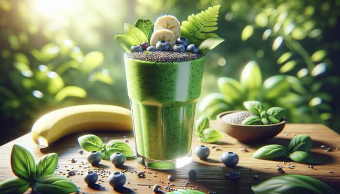 A vibrant green smoothie in a tall glass with spinach, kale, blueberries, and bananas on a sunlit wooden table amid lush greens.