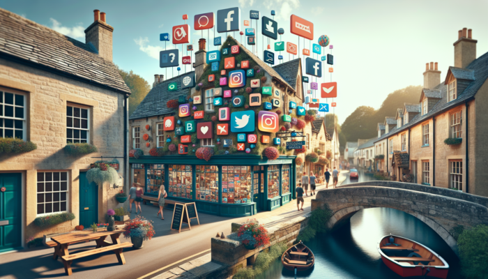 A vibrant Bourton-on-the-Water scene: quaint storefront with smartphones showing Instagram Stories and Reels, locals engaging near stone bridges.
