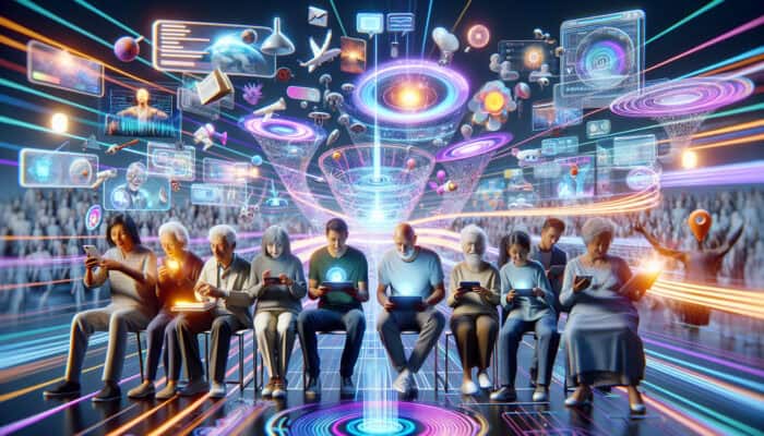 Futuristic digital landscape with users interacting via holographic AI feeds, AR overlays, interactive videos, quizzes, and voice elements.