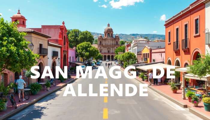 Travellers enjoying eco-friendly activities in the vibrant streets of San Miguel de Allende, surrounded by colonial architecture and lush greenery under a clear blue sky.