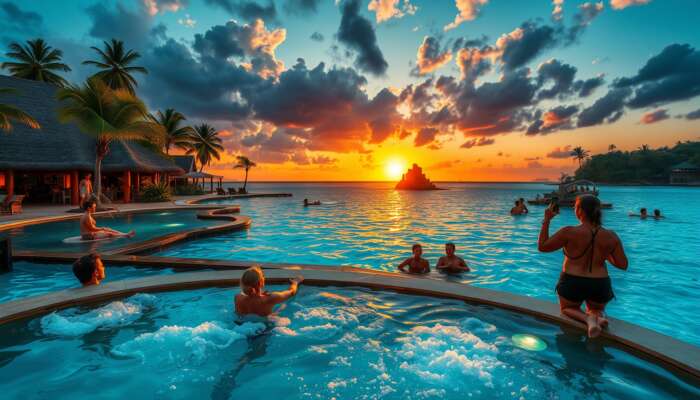 Luxurious tropical resort at sunset: guests relax in a bubbling spa, snorkel in turquoise waters, and explore vibrant cultural ruins.