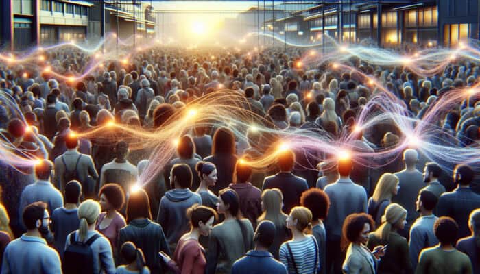 A diverse group of people in a vibrant global marketplace, connected by glowing threads symbolising joy, fear, nostalgia, and excitement in marketing.