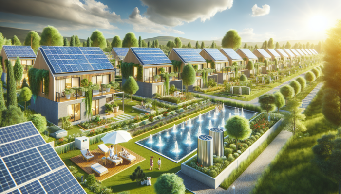 A modern eco-estate in Upington featuring solar panels on rooftops, rainwater harvesting systems, and lush green landscaping, with families enjoying a sunny day.