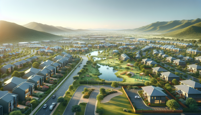 Aerial view of Riverview and Green Valley Estates in sunny Upington, showcasing modern homes, lush green spaces, parks, and playgrounds.