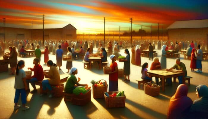 Diverse individuals in a lively community centre sharing overflowing baskets, forming supportive circles, and connecting under a warm sunset sky.