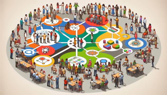 Vibrant illustration of diverse individuals connecting through digital devices, forming relationship circles, and gathering outdoors within a thriving community.