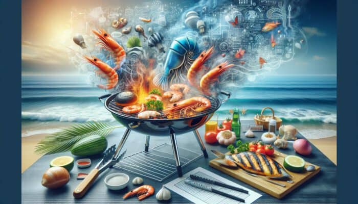 An outdoor grilling scene showcasing fresh shrimp and fish on a charcoal grill, with tongs, fish basket, and basting brush amid smoke and ocean waves.