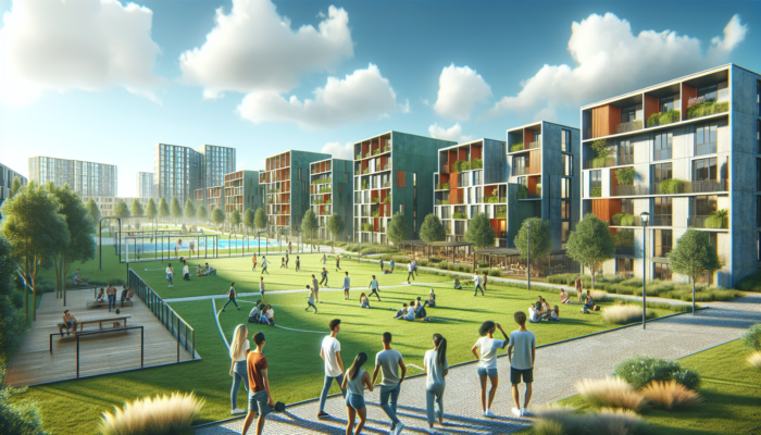 Modern entry-level apartments in Carletonville's vibrant neighborhood, surrounded by lush parks and young professionals relaxing under a sunny sky.