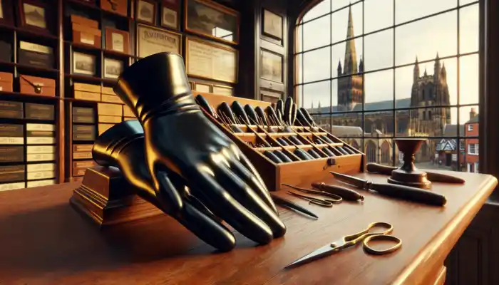 Black latex gauntlet gloves elegantly displayed on a wooden counter within a historic Lichfield shop, with a cathedral spire visible through the window illuminated by golden light.