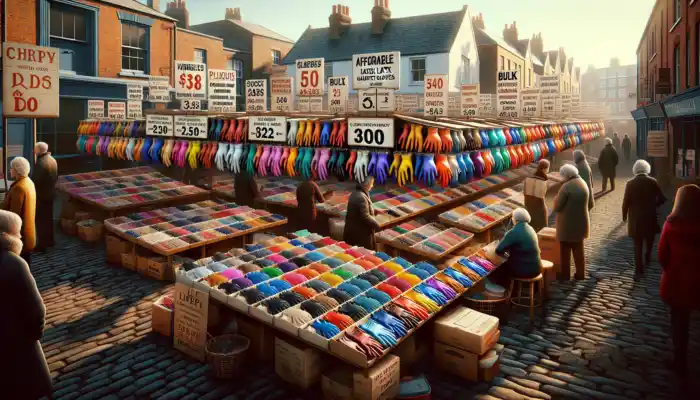 A vibrant market stall in Lichfield showcases affordable latex gauntlet gloves with discount signs, as shoppers compare prices beneath bright sunny skies.