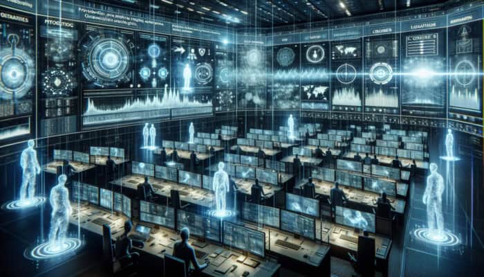 In a high-tech control room, holographic virtual assistants monitor glowing screens displaying real-time data, alerts, and metrics to prevent crises.
