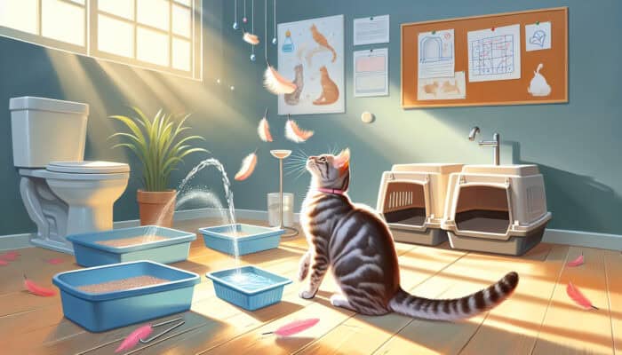 A serene female tabby cat playfully bats at feather toys near a fresh water fountain and clean litter boxes in a sunlit home.