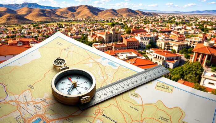 A compass and scale ruler on a topographic map, with San Miguel de Allende's rolling hills and urban architecture in the background.